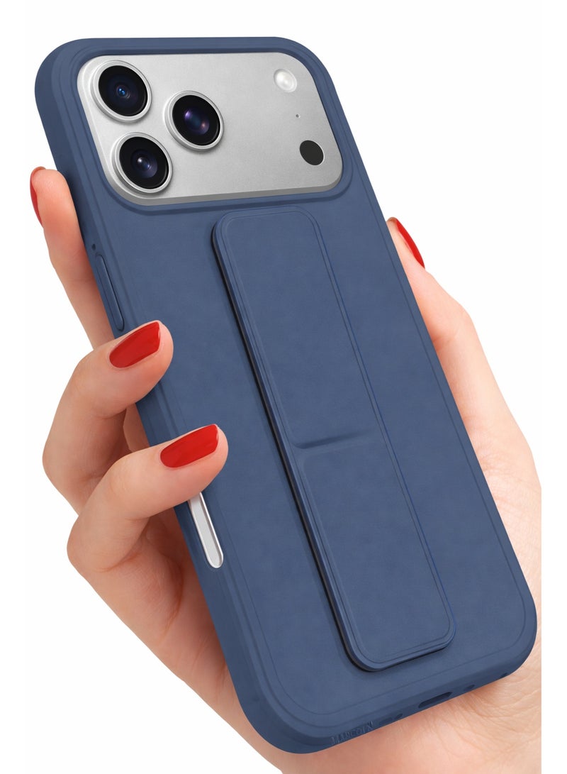 COVERSCART Apple iPhone 17 Pro Max Premium Silicon Case with Magnetic Stand & Finger Grip, Car Mount Compatible Kickstand Cover – Blue - Image 3